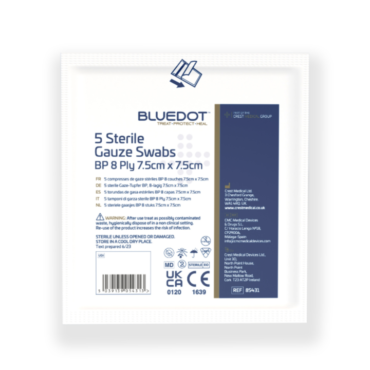 Sterile Gauze Swabs BP 8 Ply 7.5cm x 7.5cm Pack of 5