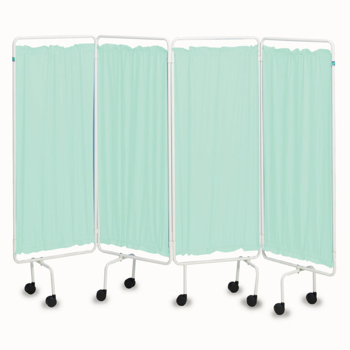 Portable Folding Screen with White Frame and Green Curtains